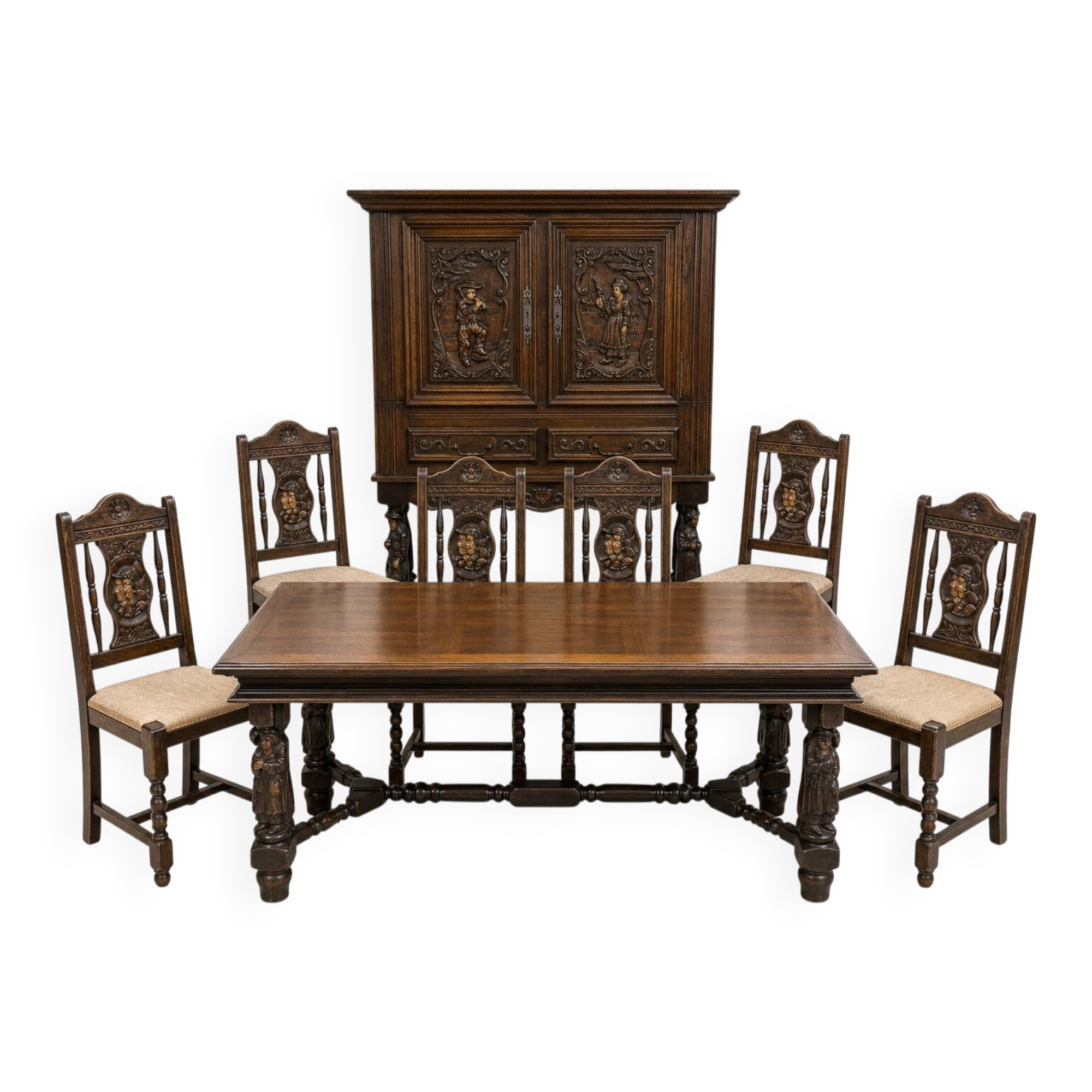 1950s Breton oak dining table + sideboard and 6 chairs