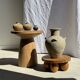Mini minimalist stool with ball feet in teak H15 D35