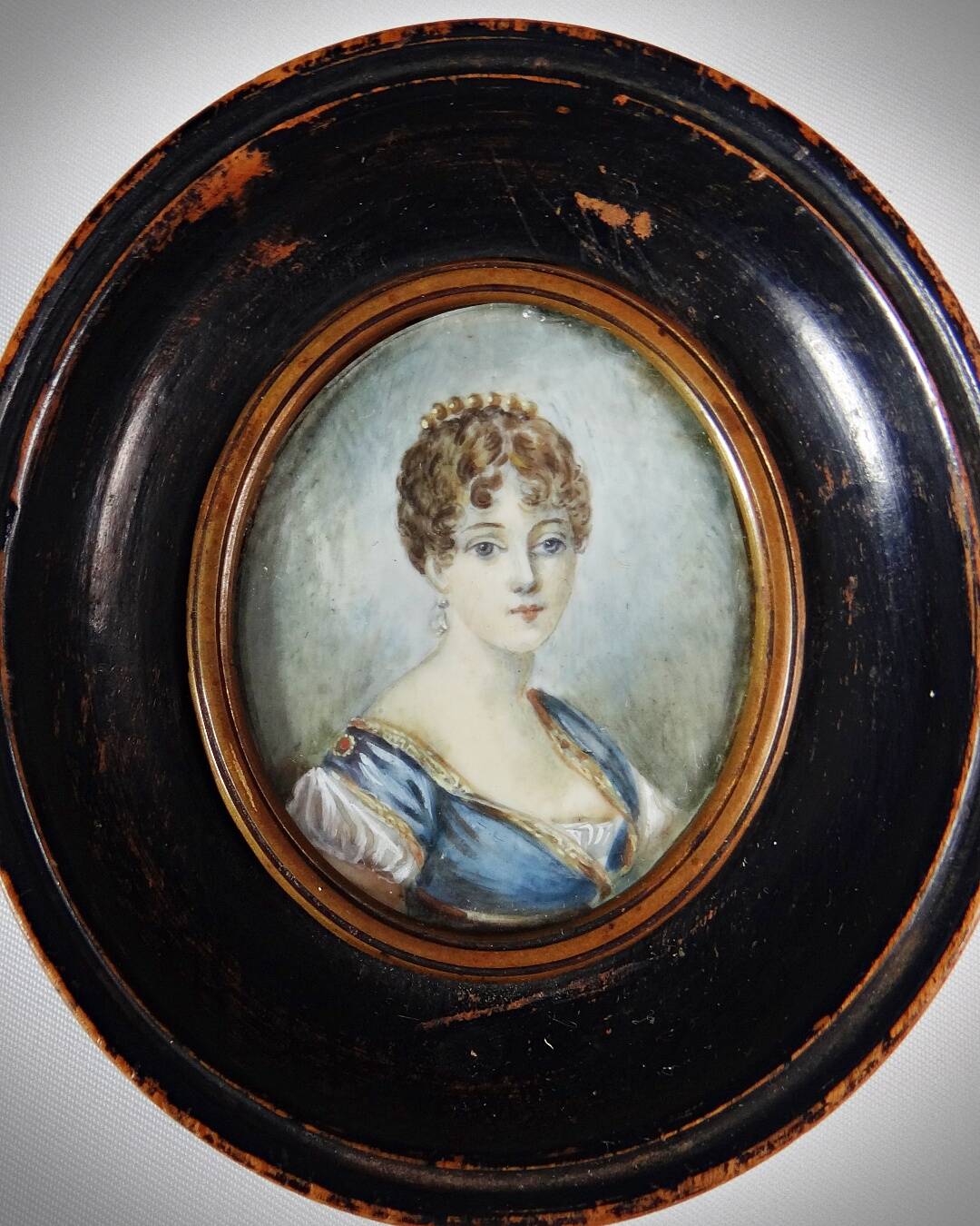 Tondo miniature portrait of a woman Empire style hand-painted gouache