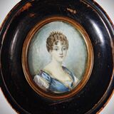 Tondo miniature portrait of a woman Empire style hand-painted gouache