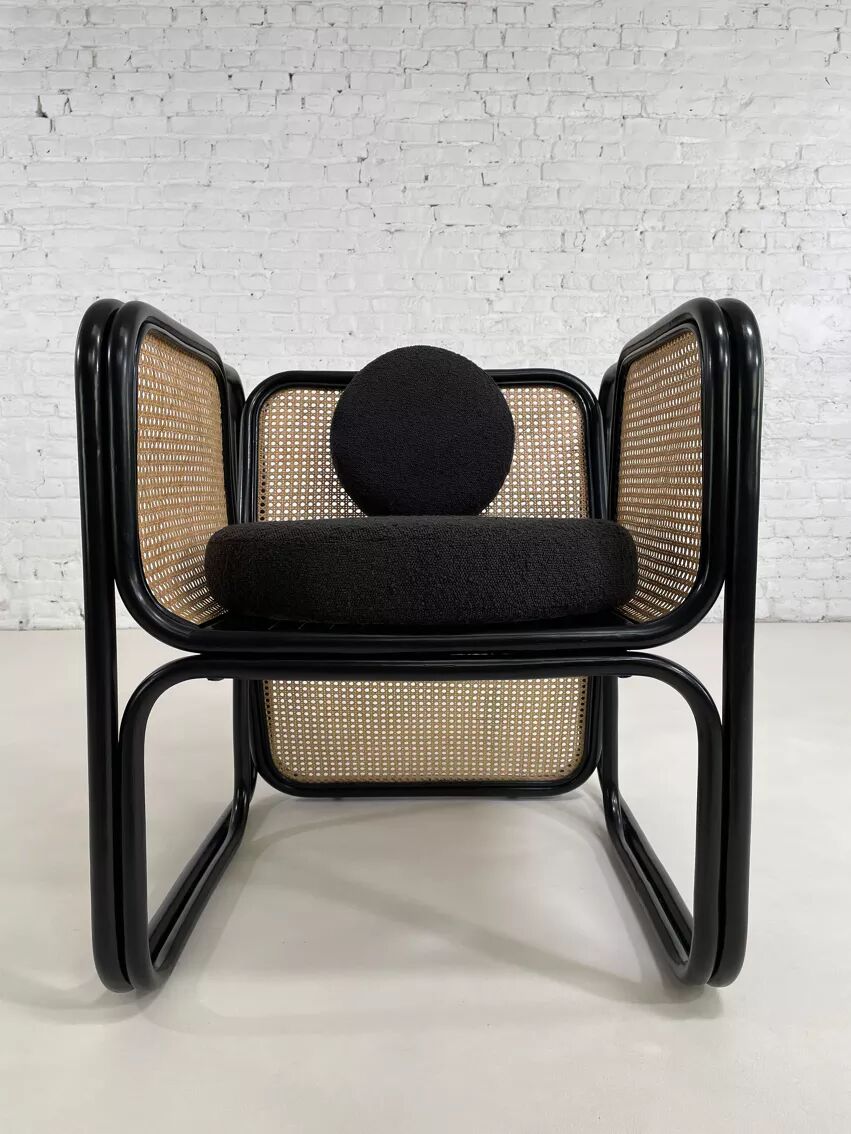 Cubic armchair in black rattan and canework