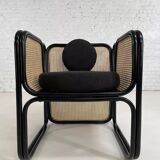 Cubic armchair in black rattan and canework