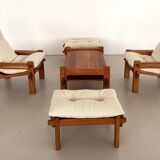 Salon de campagne italien en chêne avec nouveau revêtement en tissu bouclé, années 1970