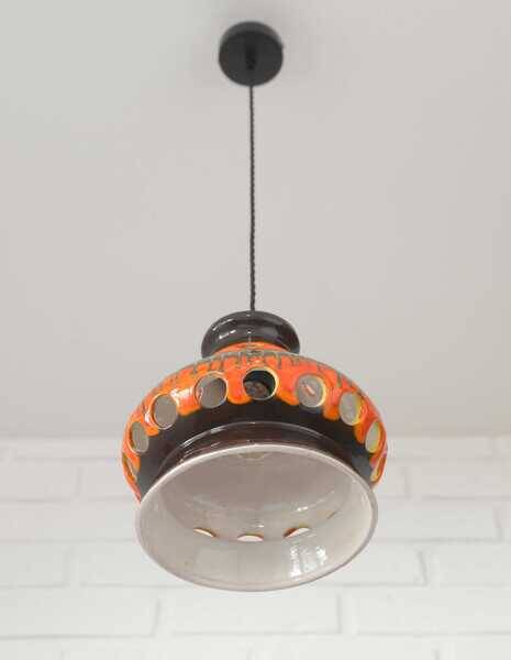 Vintage ceramic pendant light: 1970s rustic handmade chandelier