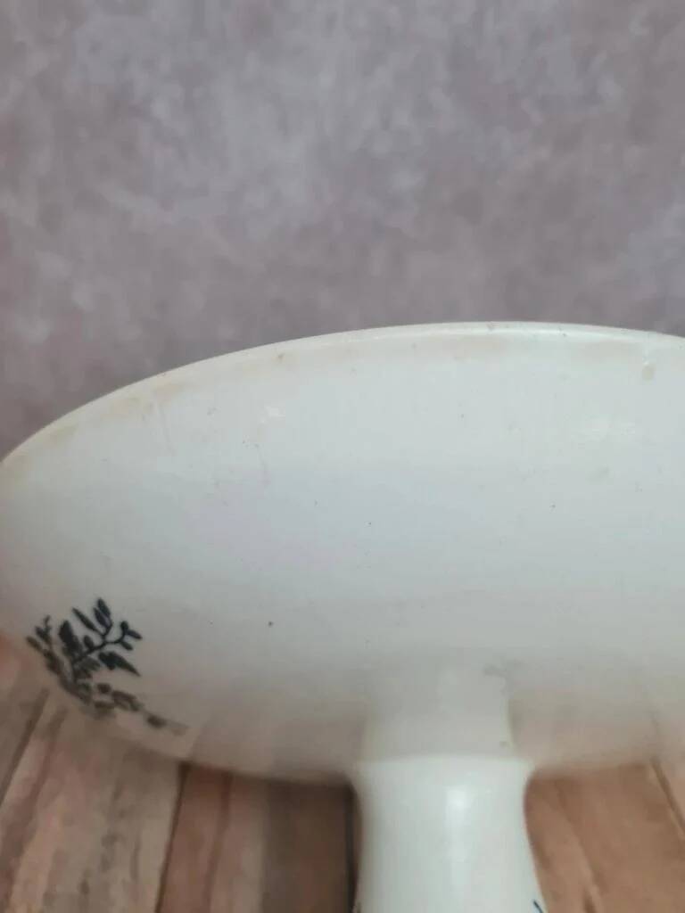Antique compote dish in ironstone HBCM Choisy-le-Roi Louis XVI model with bird decoration.