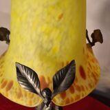 Lampe fer forgé style Brandt  40x17 tulipe jaune pate verre