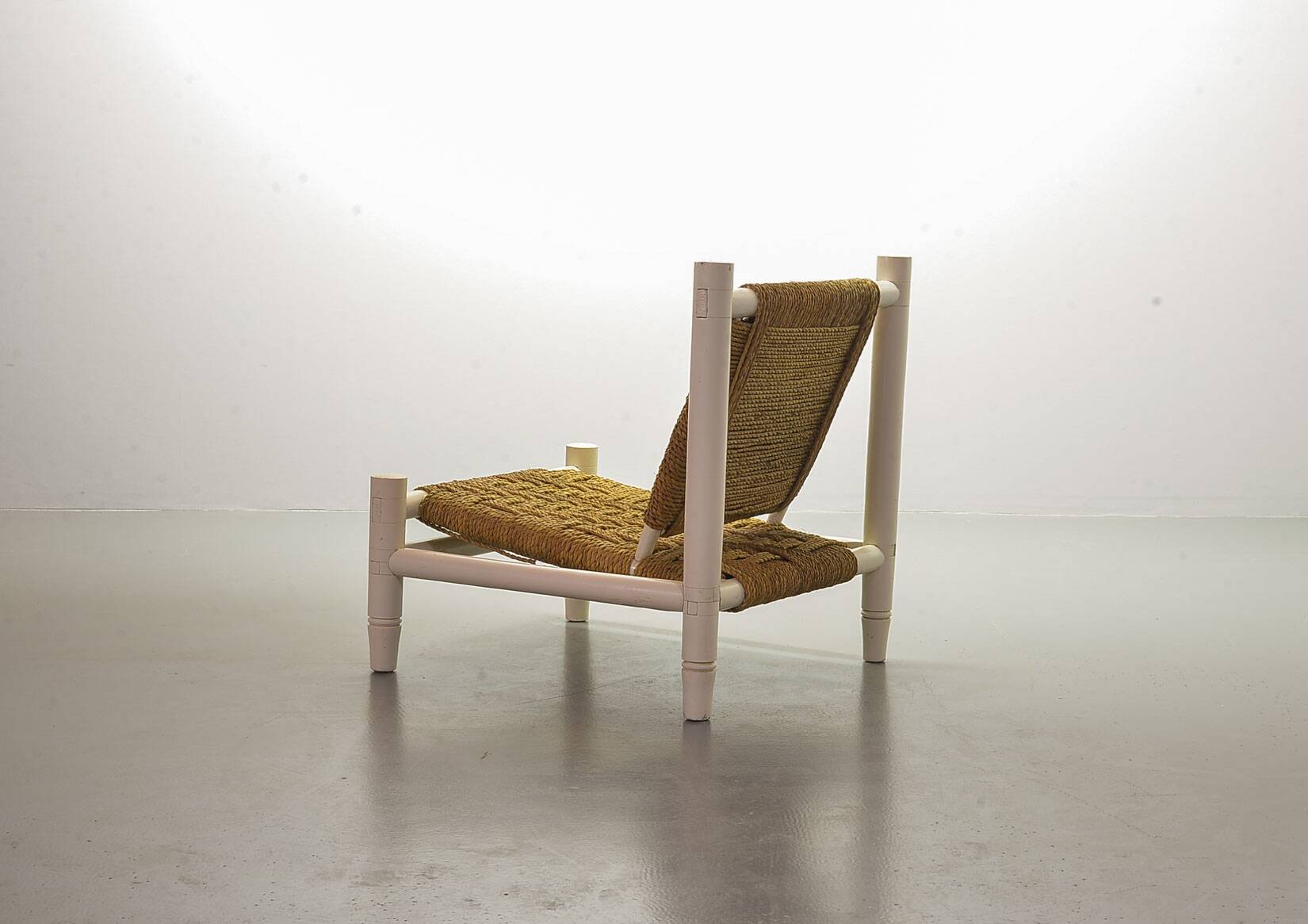 Charlotte Perriand Style Low Seat White Wicker Oak Lounge Chair and Stool