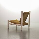 Charlotte Perriand Style Low Seat White Wicker Oak Lounge Chair and Stool