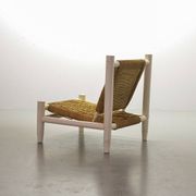Charlotte Perriand Style Low Seat White Wicker Oak Lounge Chair and Stool