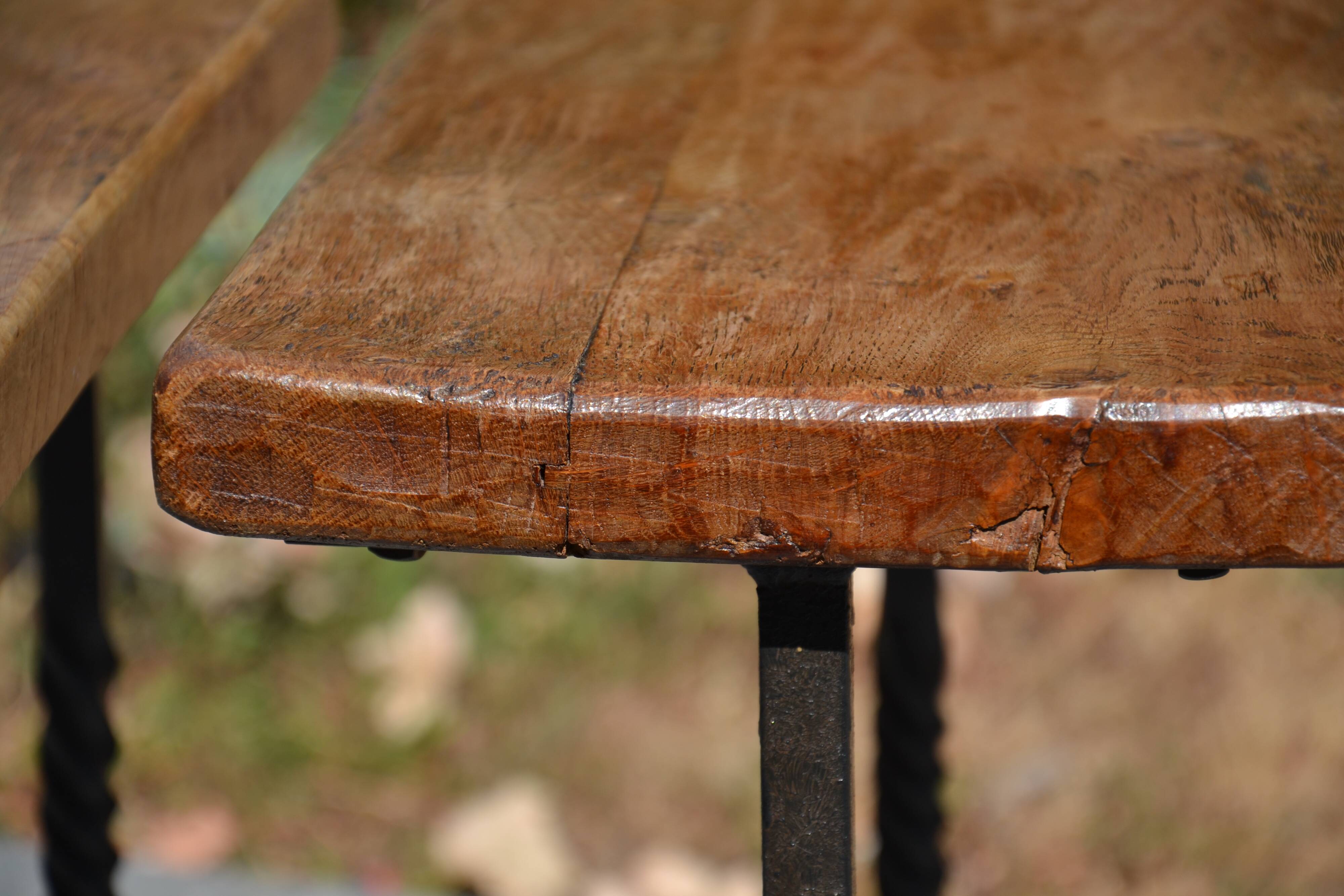 Unusual modular coffee table in oak and wrought iron.