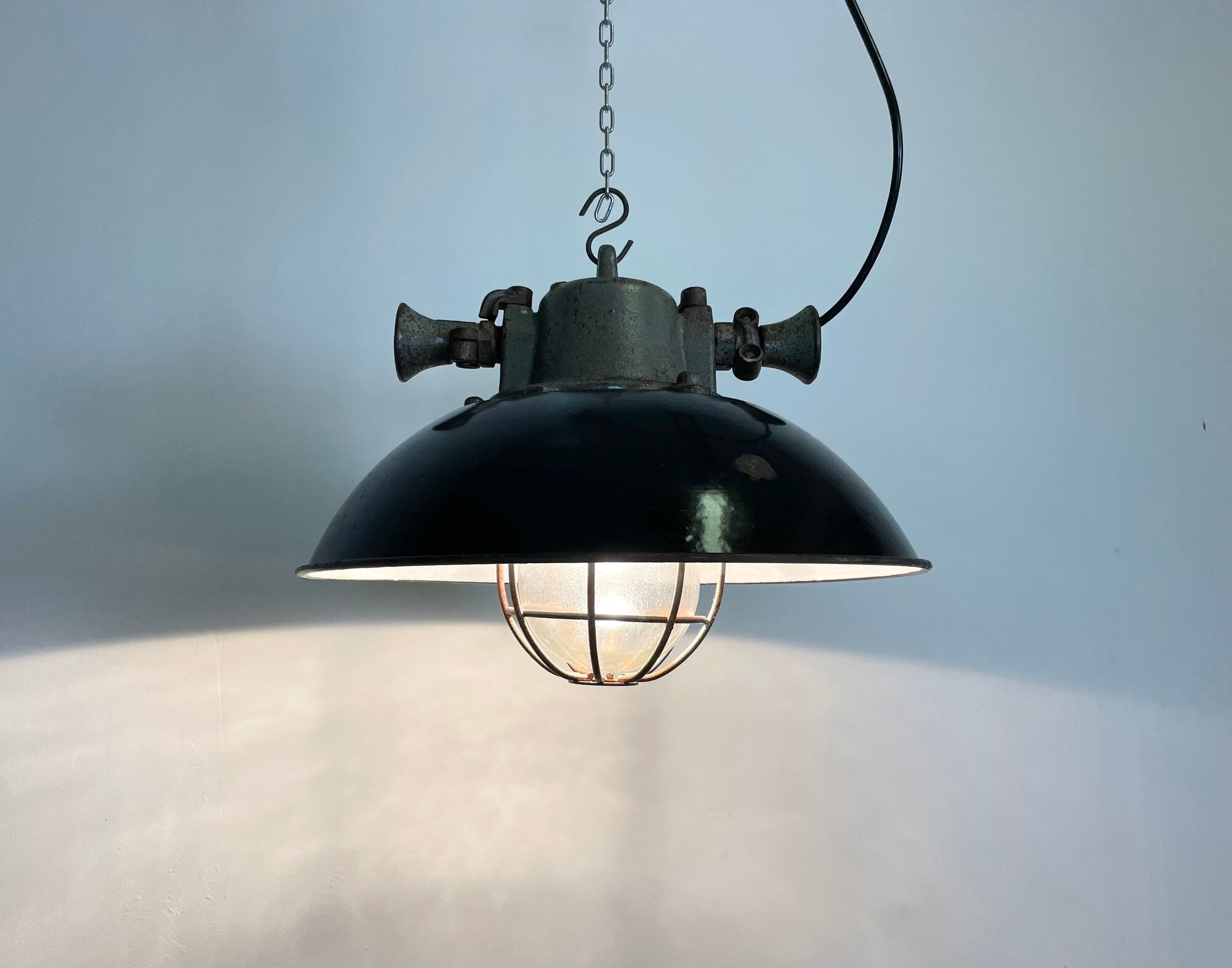 Black Enamel and Cast Iron Industrial Cage Pendant Light, 1950s