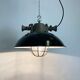 Black Enamel and Cast Iron Industrial Cage Pendant Light, 1950s