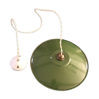 Vintage enamelled sheet metal suspension and its porcelain rosette