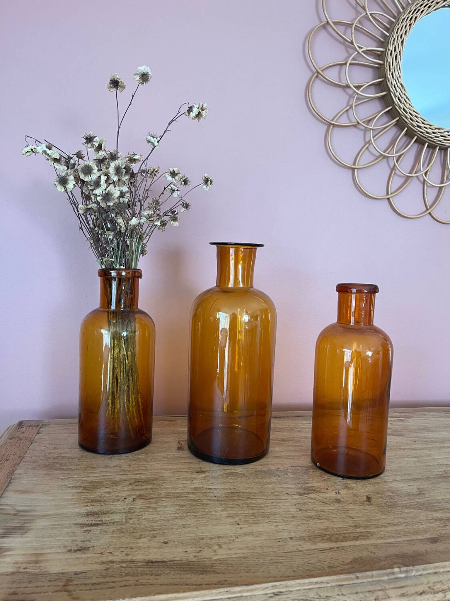 Amber glass vase bottle