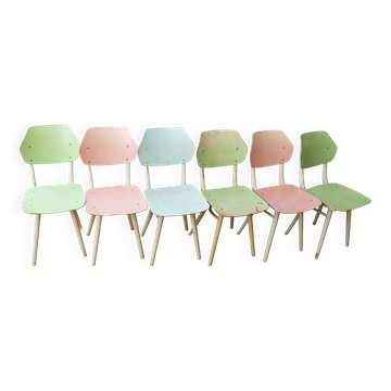 Set of 6 vintage TON chairs in painted wood, Czechoslovakia, 1964
