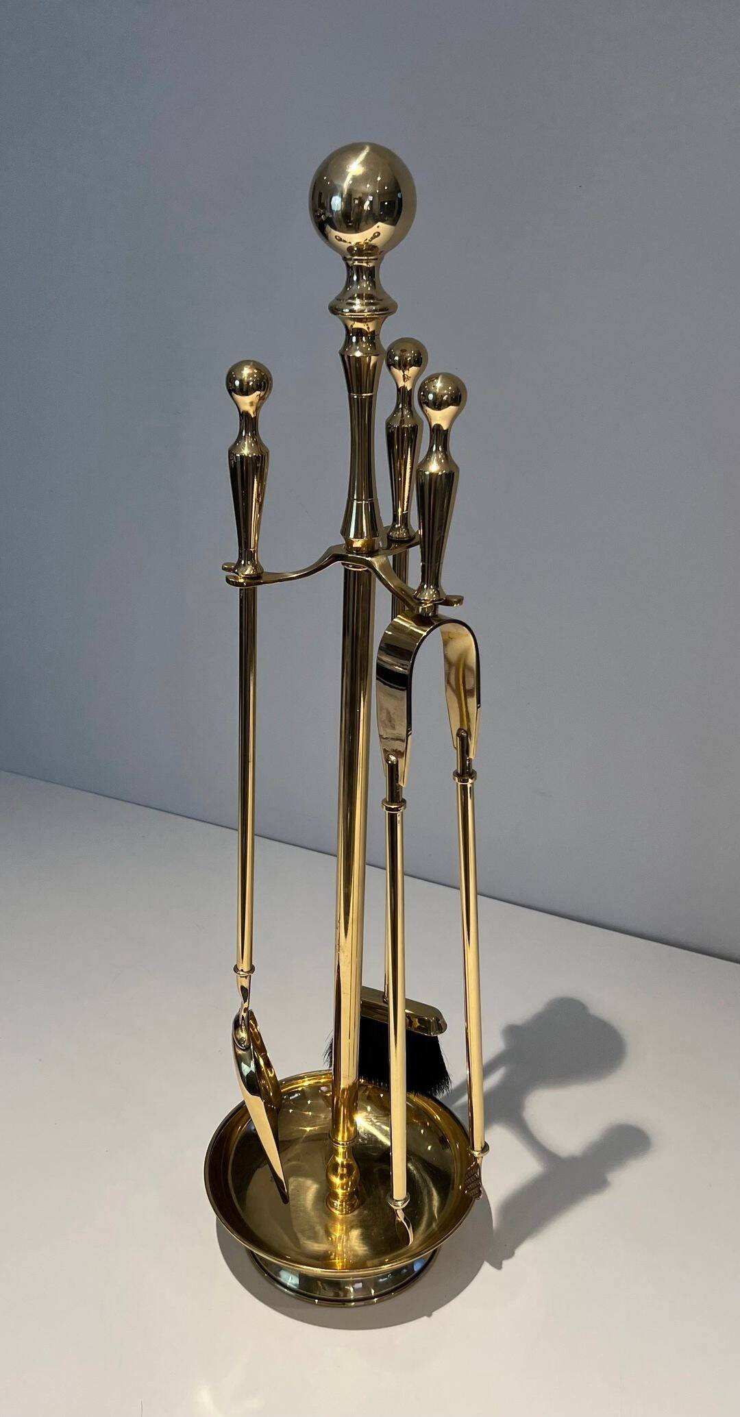 Neoclassical Fire Necessary in Polished Brass on Columnar Base Support