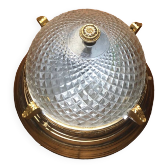 Old Molded Glass Ceiling Light + Vintage Golden Metal Support #A593