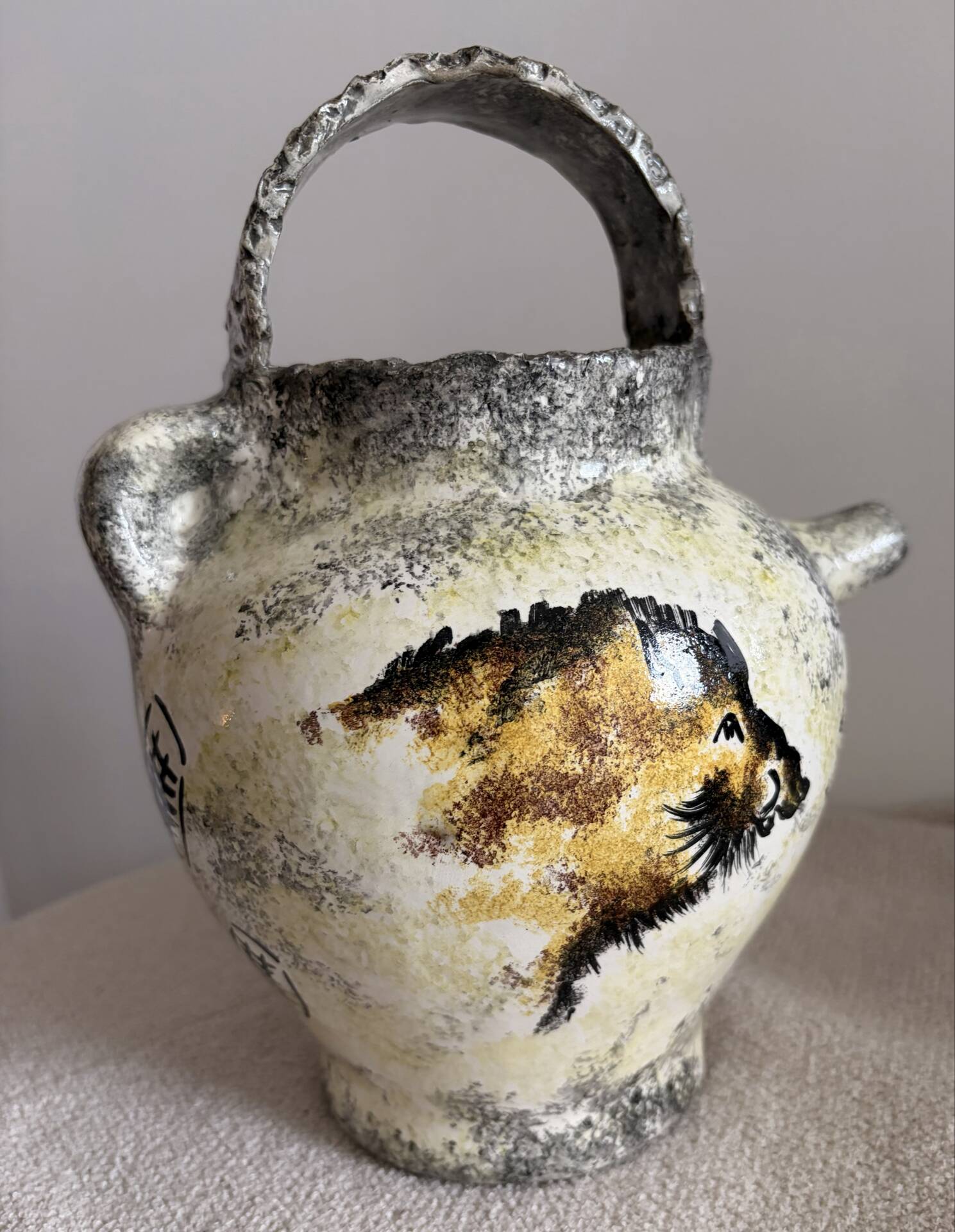 Vintage French Studio Ceramic Pitcher by Ghila – Lascaux Cave Art Styl