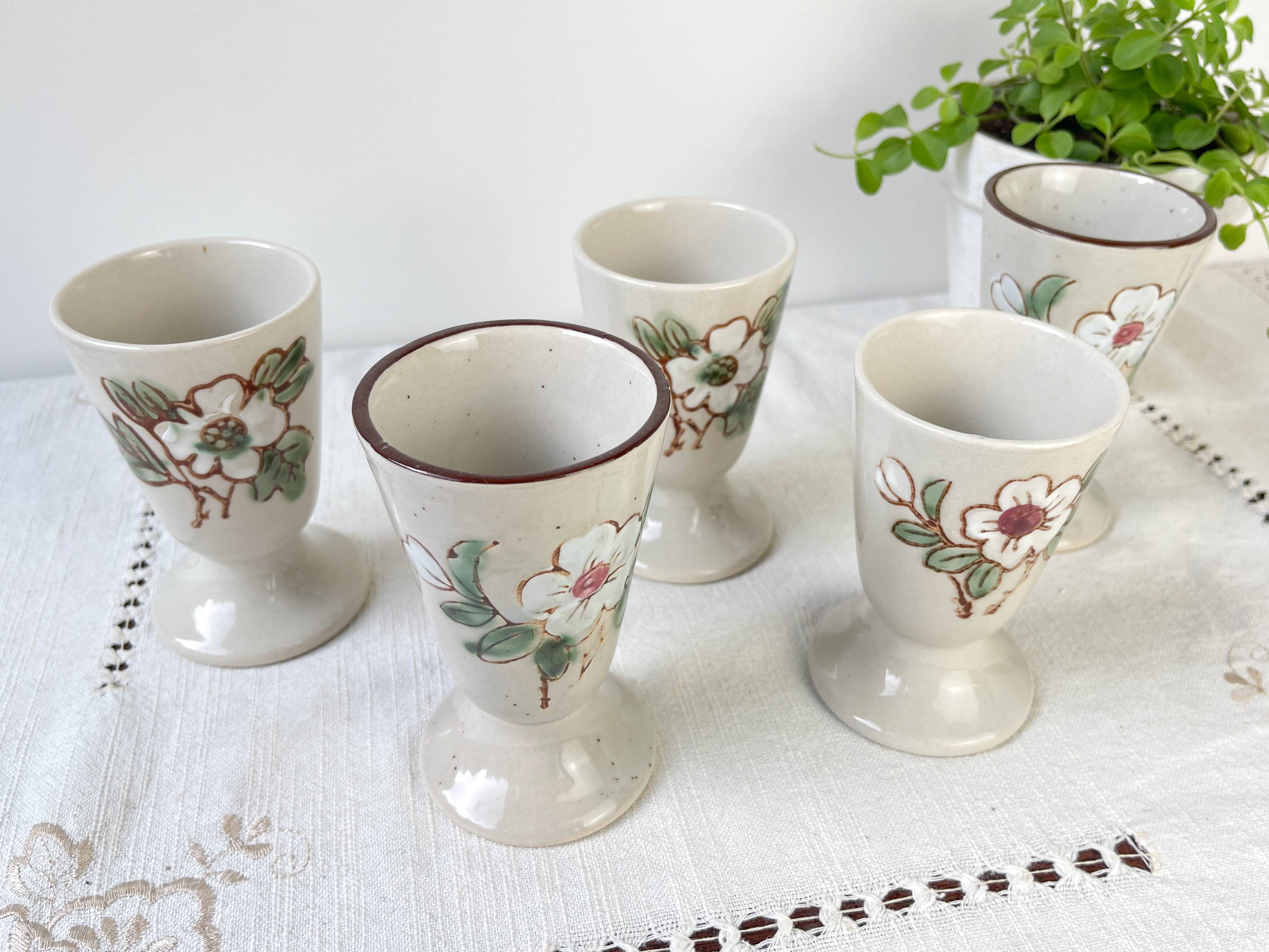 5 vintage stoneware Mazagrans with floral pattern Made in Korea 1980