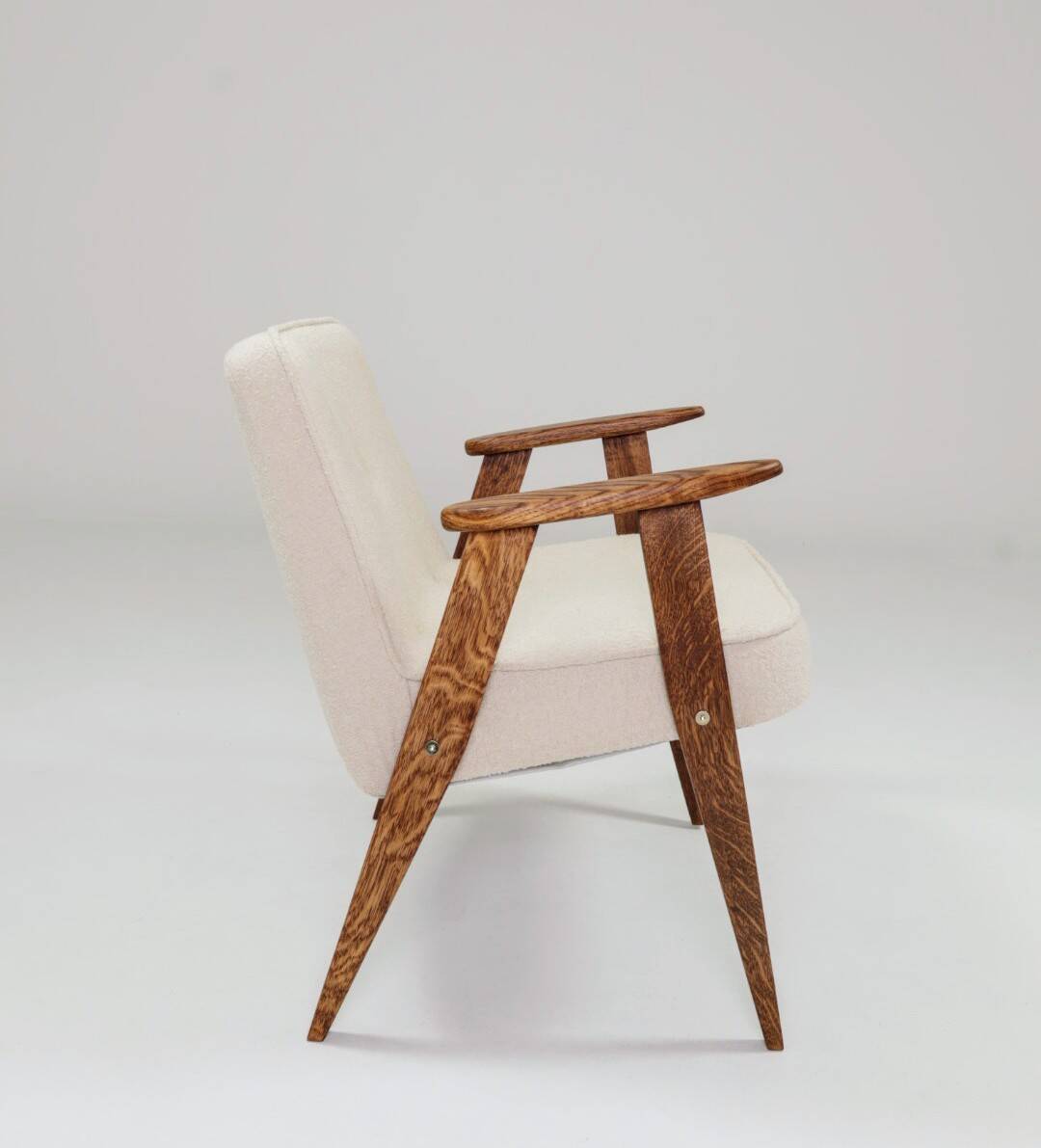 Vintage armchair with rustic wood and beige bouclé design by Chierowsky.