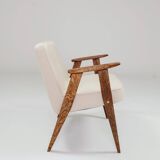 Vintage armchair with rustic wood and beige bouclé design by Chierowsky.