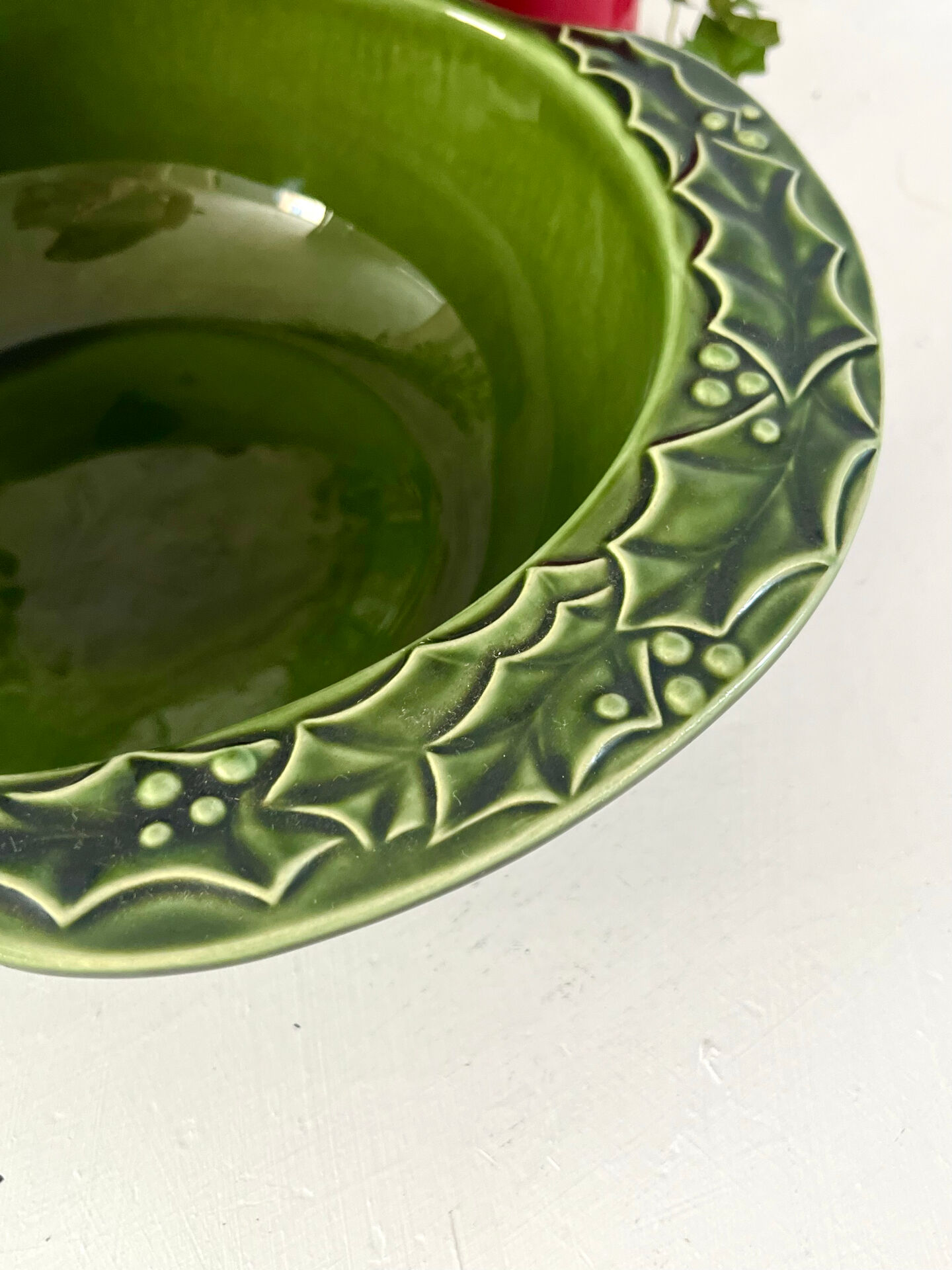 Christmas serving bowl, French BCI holly ceramic bowl, green glazed