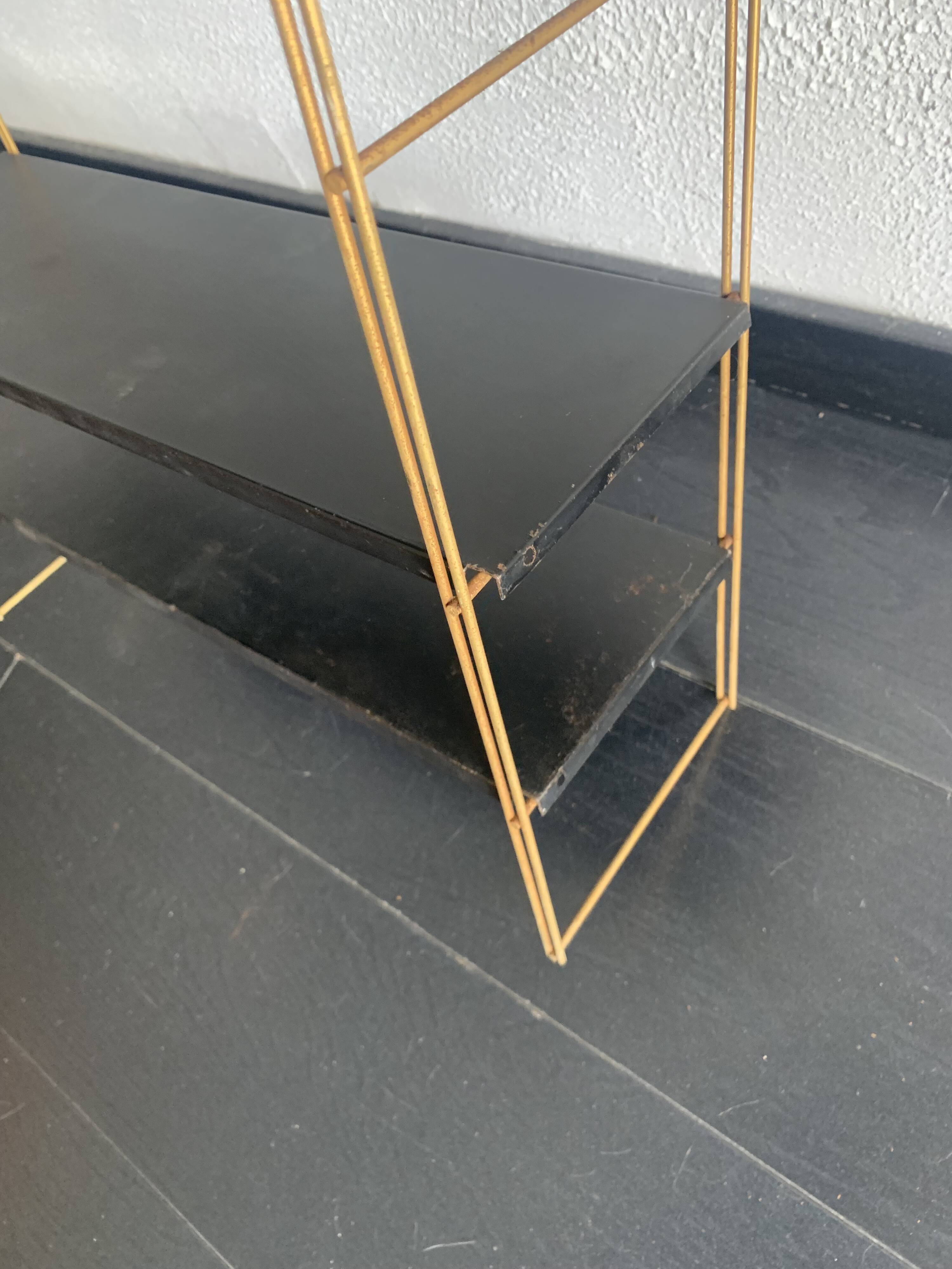 Vintage 1960 String wall shelf black and gold - 60 x 48 cm