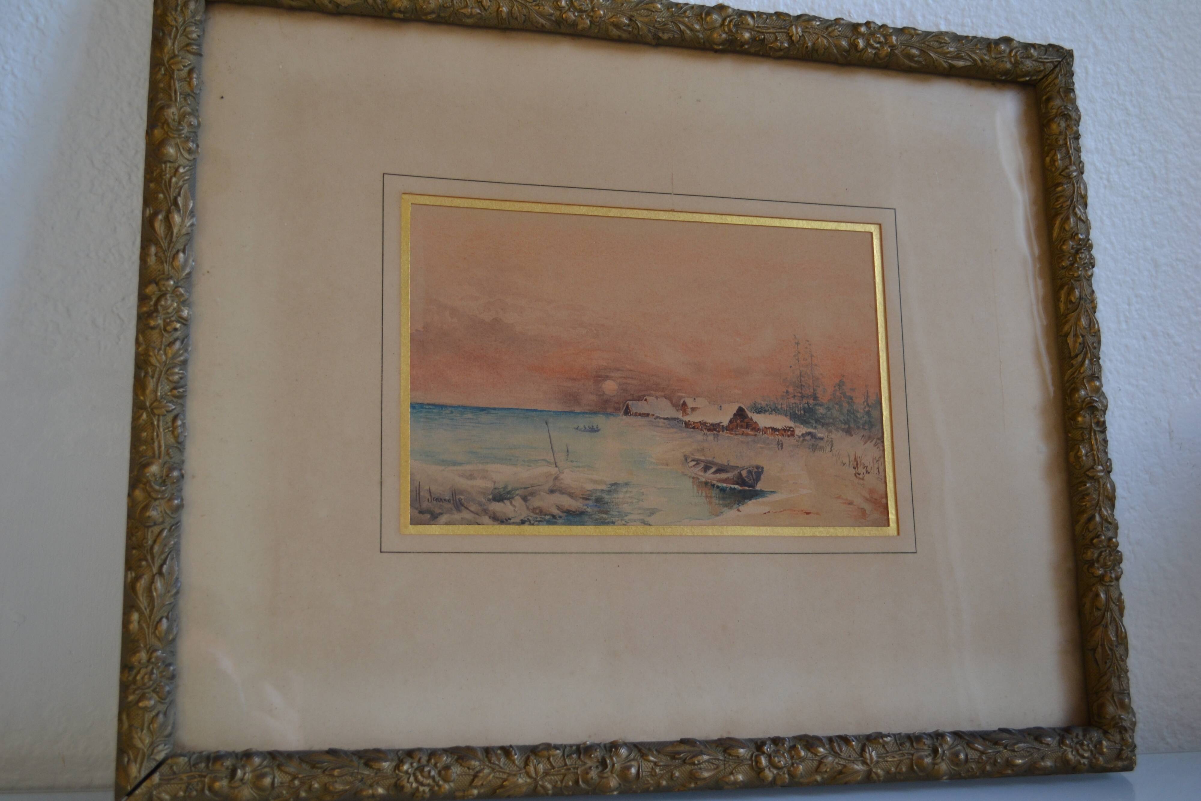 Old watercolor painting of seaside landscape signed H. Jeannolle 19th century