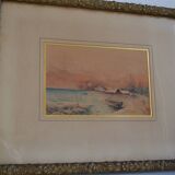 Peinture à l'aquarelle ancienne paysage de bord de mer signé H. Jeannolle XIXe s