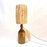 Vintage lamp in beige brown pyrite stoneware with raffia rope shade 1970