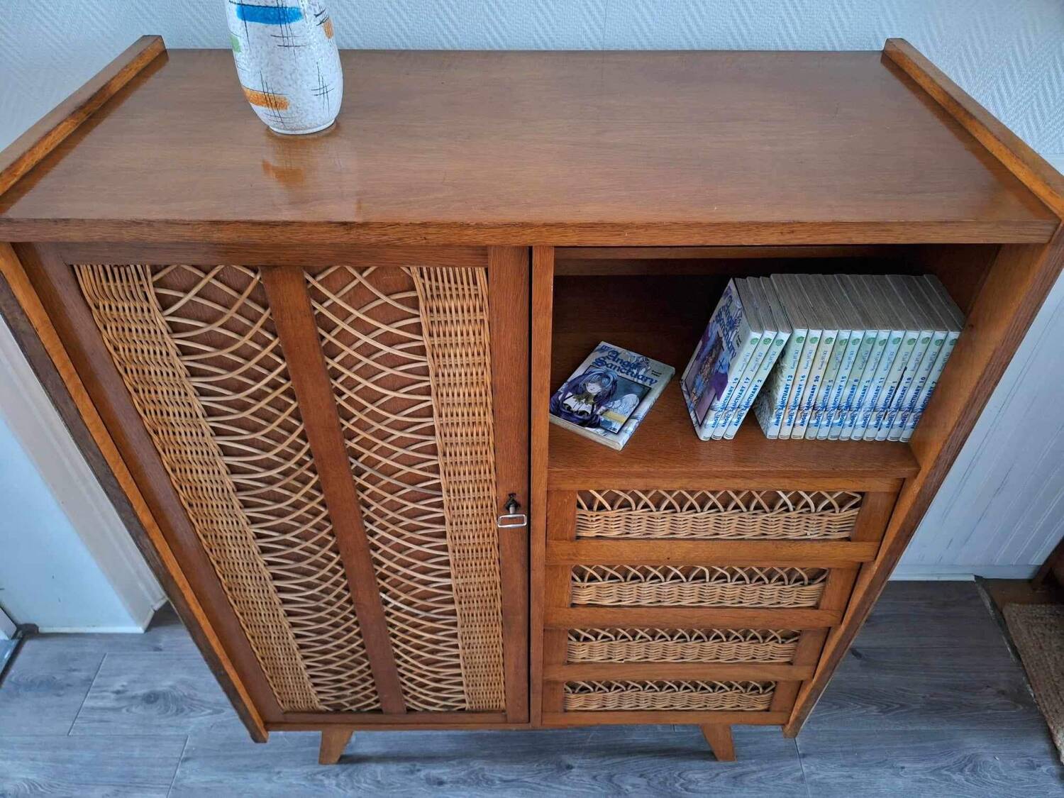Vintage rattan cabinet with compass feet, old wicker chest of drawers