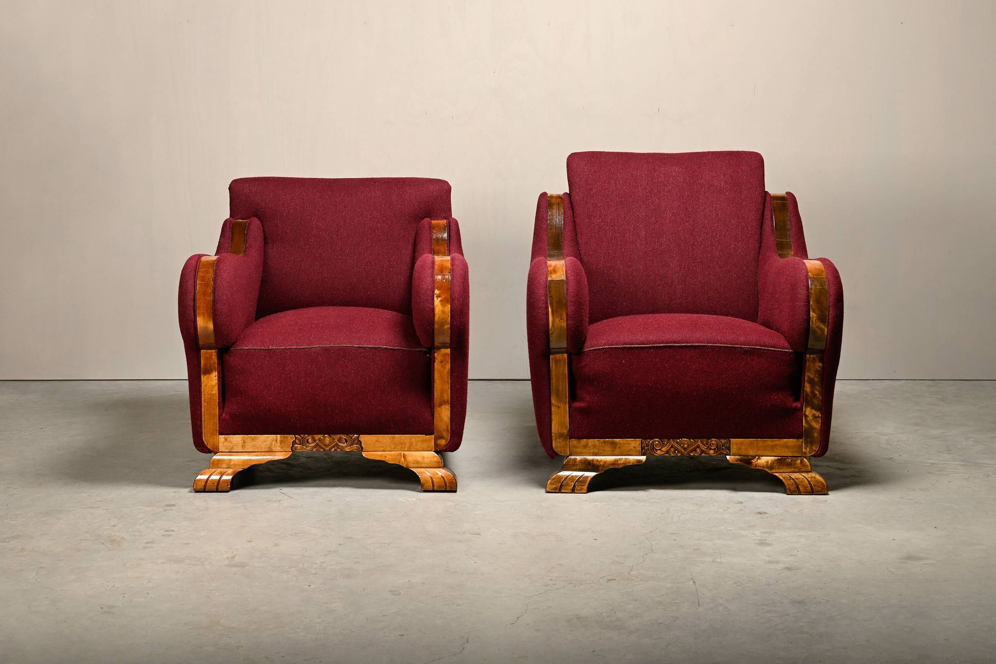Pair Danish cabinetmaker Art Deco Armchairs in burgundy wool fabric