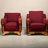 Paire de fauteuils Art déco d'ébéniste danois, revêtus de tissu de laine bordeaux