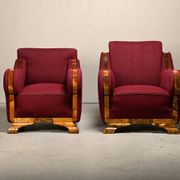 Pair Danish cabinetmaker Art Deco Armchairs in burgundy wool fabric