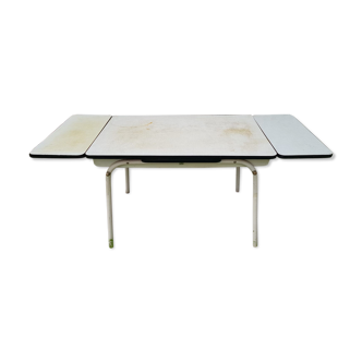 Ancienne table cuisine  formica + pieds métal blanc vintage