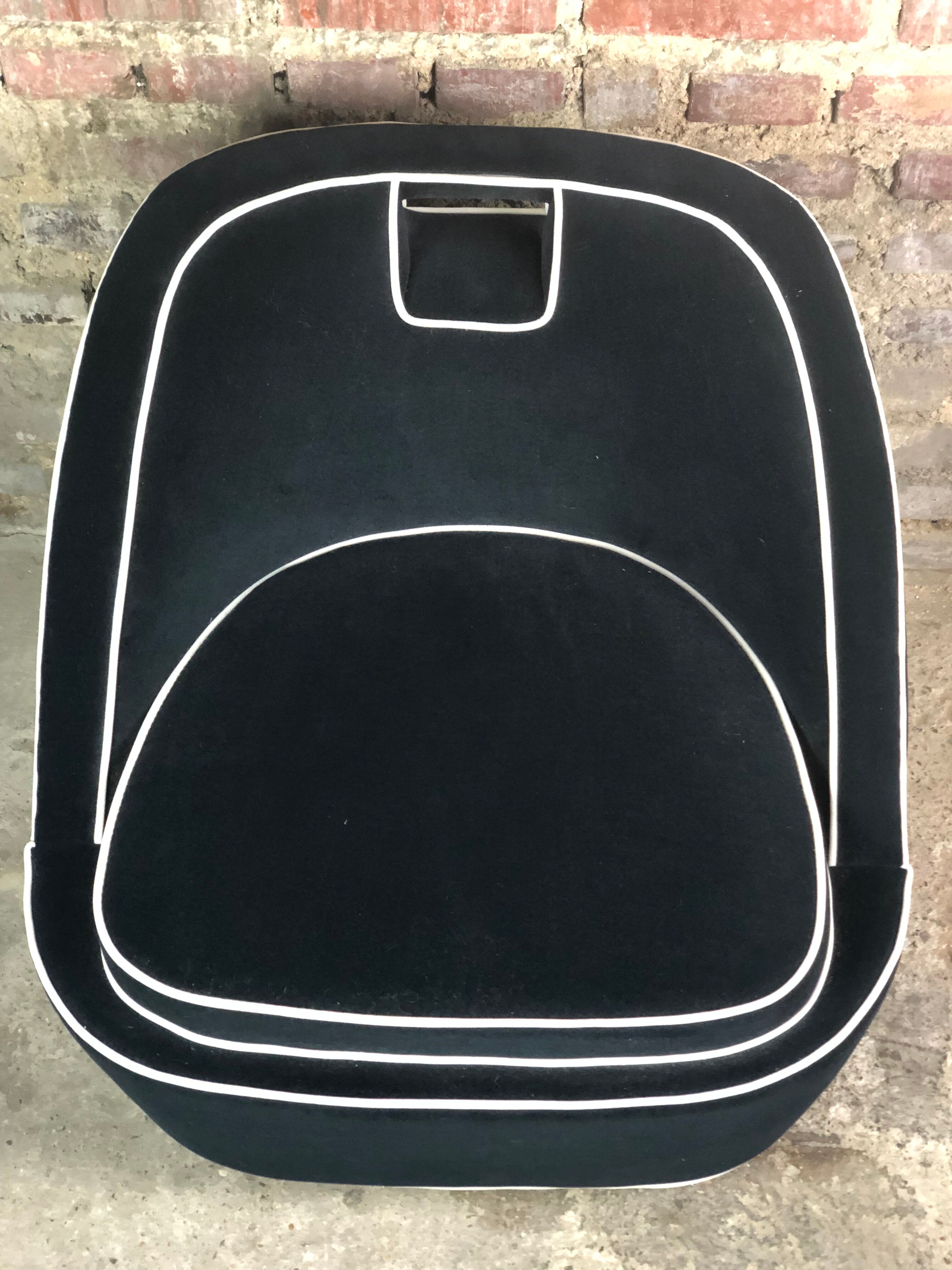 Retro vintage 80's armchair in black velvet with white trim