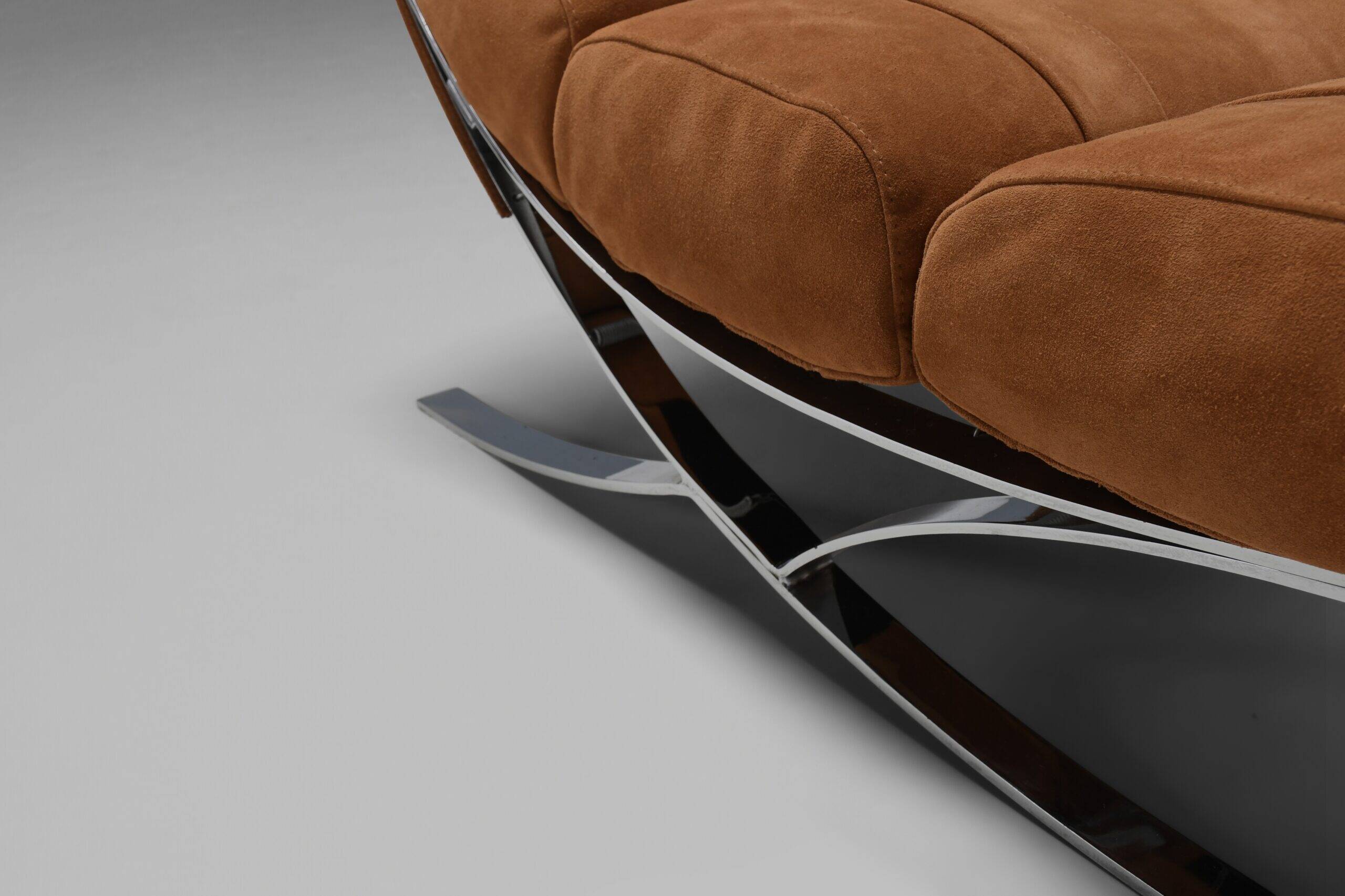 Impressive suede and chrome lounge chairs, France 1970s