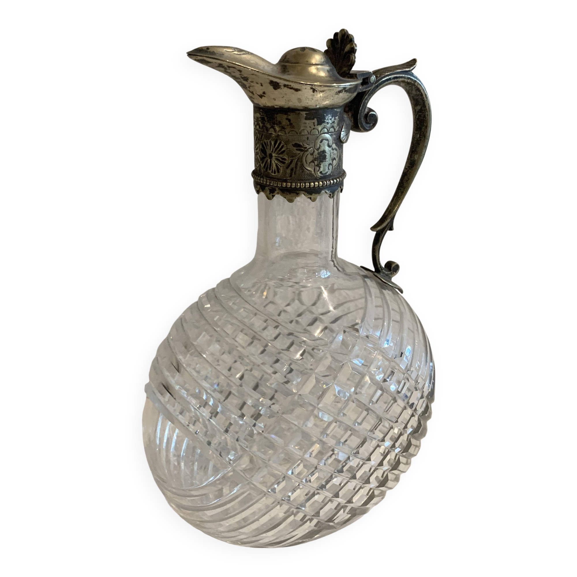 Carafe in cut glass or crystal and silver-plated metal, 20th century