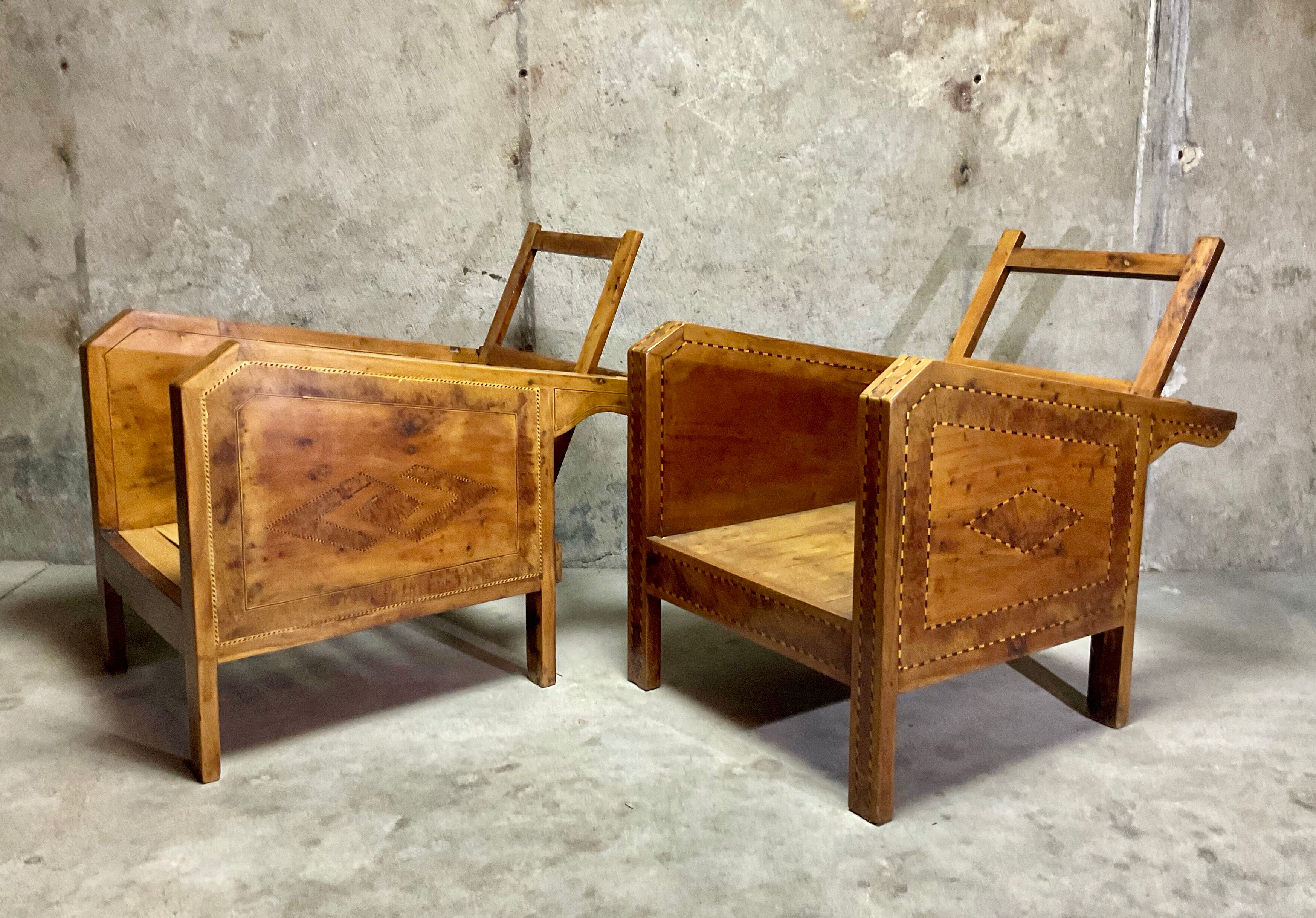 Vintage wooden veranda armchairs with inlaid marquetry 1930s