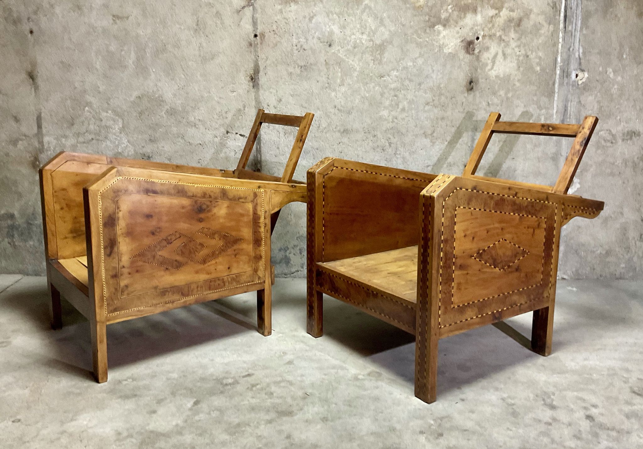 Fauteuils de véranda vintage en bois avec marqueterie incrustée 1930s
