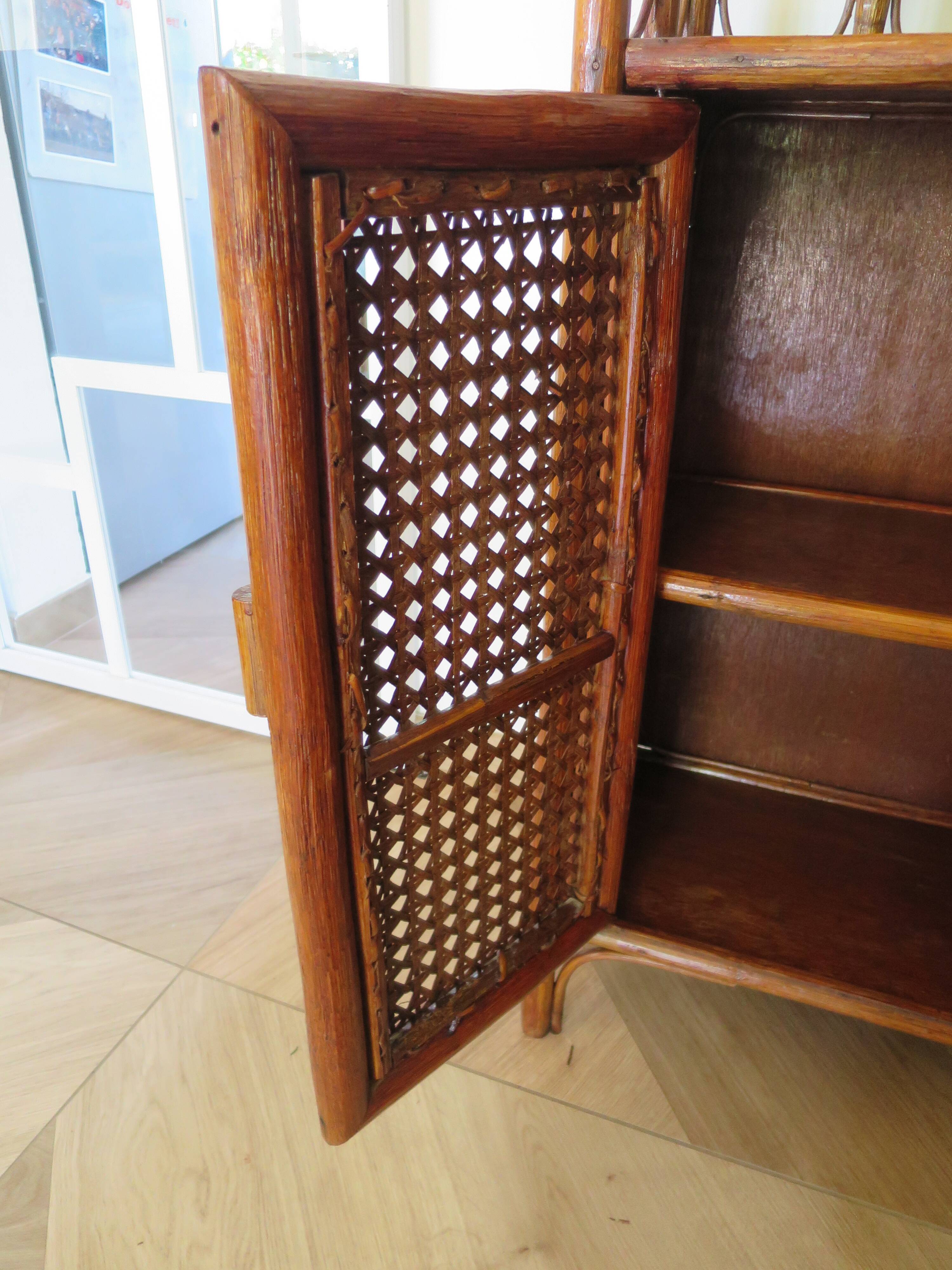 Retro-modernist - Sideboard-bookcase-2 doors-wood-rattan-cane-1960s