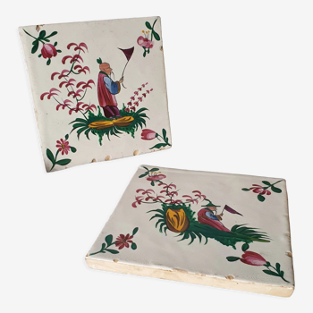 Pair hand painted antique chinoiserie wall tiles, pink & green, style of georges martel, desevres