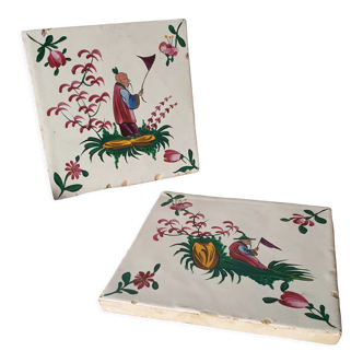 Pair hand painted antique chinoiserie wall tiles, pink & green, style of georges martel, desevres