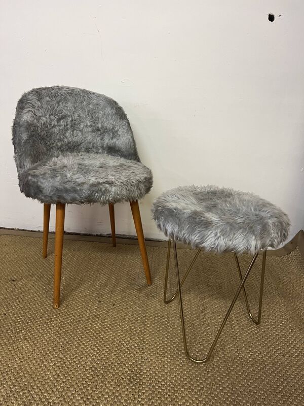 Fauteuil et tabouret moumoute vintage