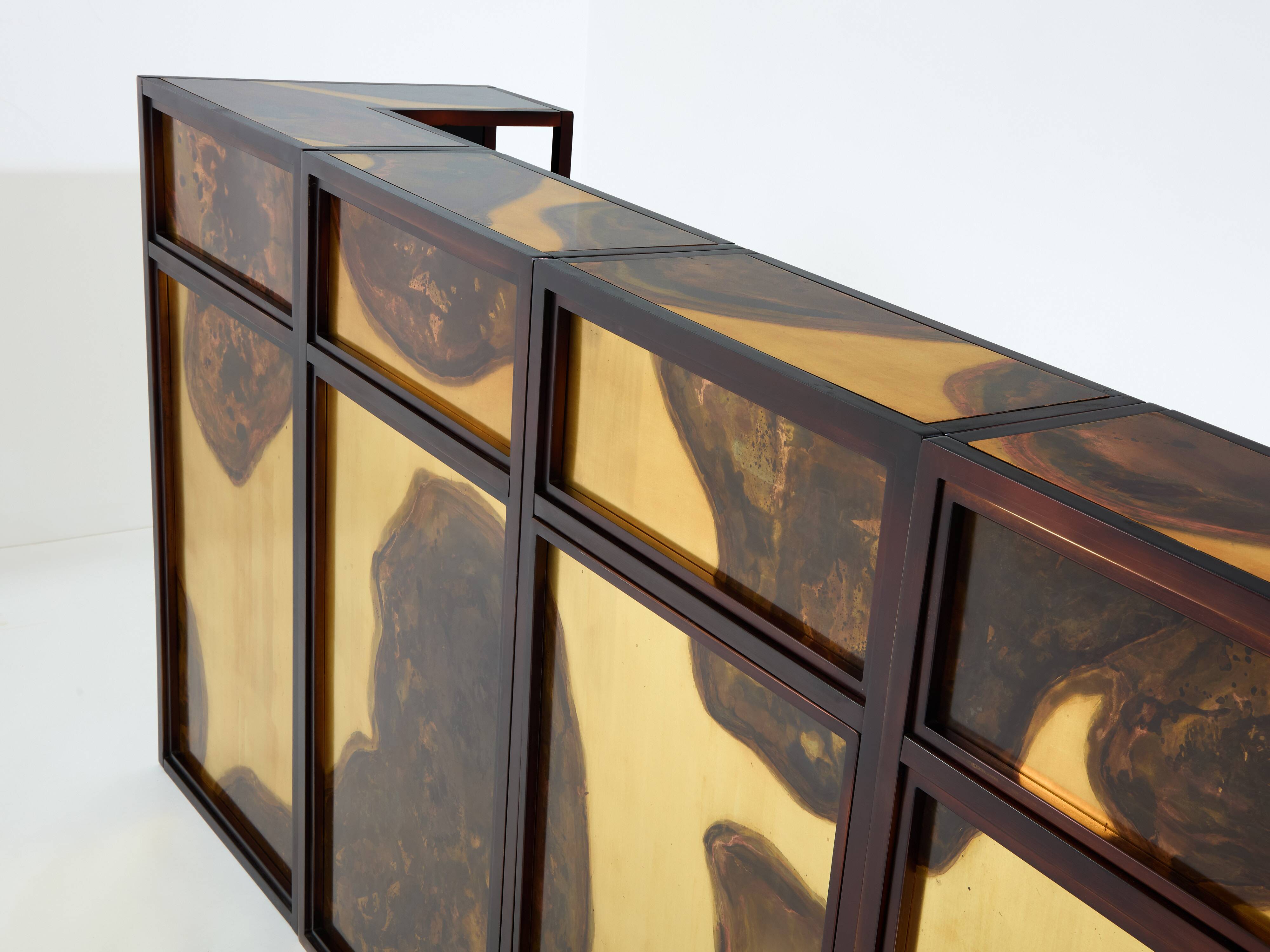 Large oxidized and patinated brass bar by Isabelle and Richard Faure 1970