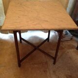 Louis XVI period travel table, removable top painted faux marble, folding X-length