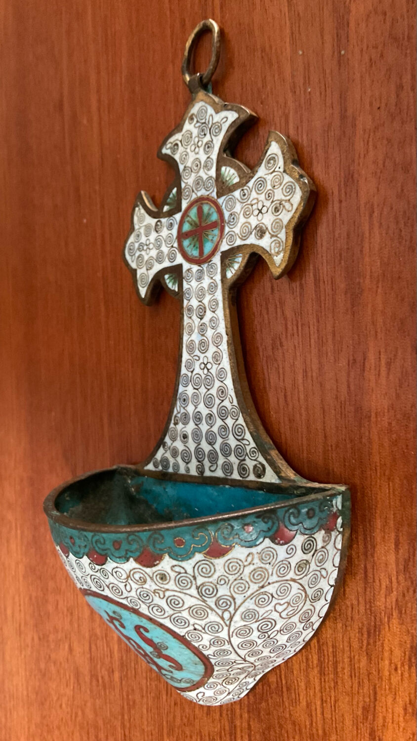 Ancient bronze and cloisonné enamel holy water font