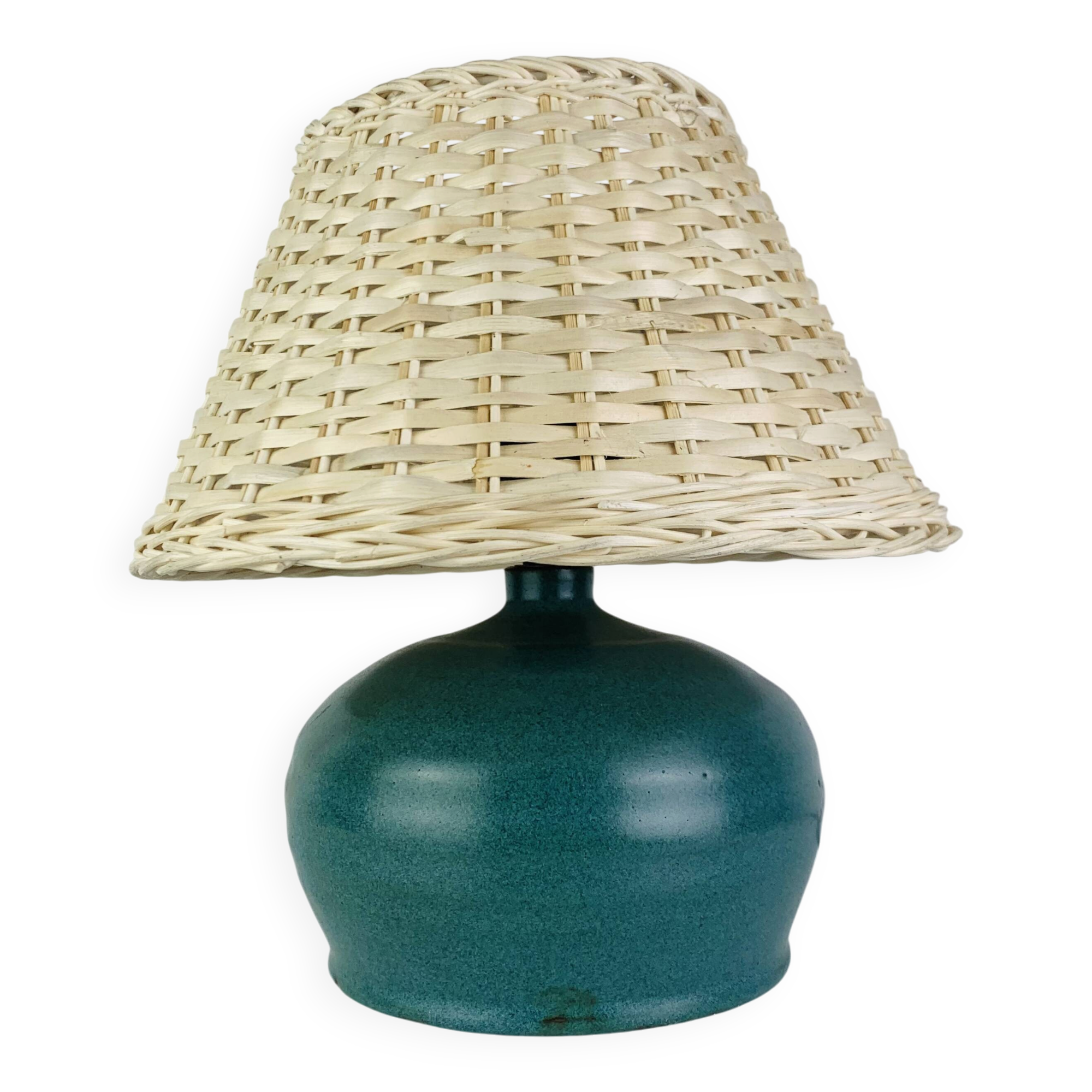 Ceramic green/blue globe lamp, rattan shade, vintage