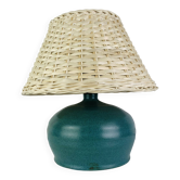 Lampe boule céramique vert/bleu, abat jour rotin, vintage