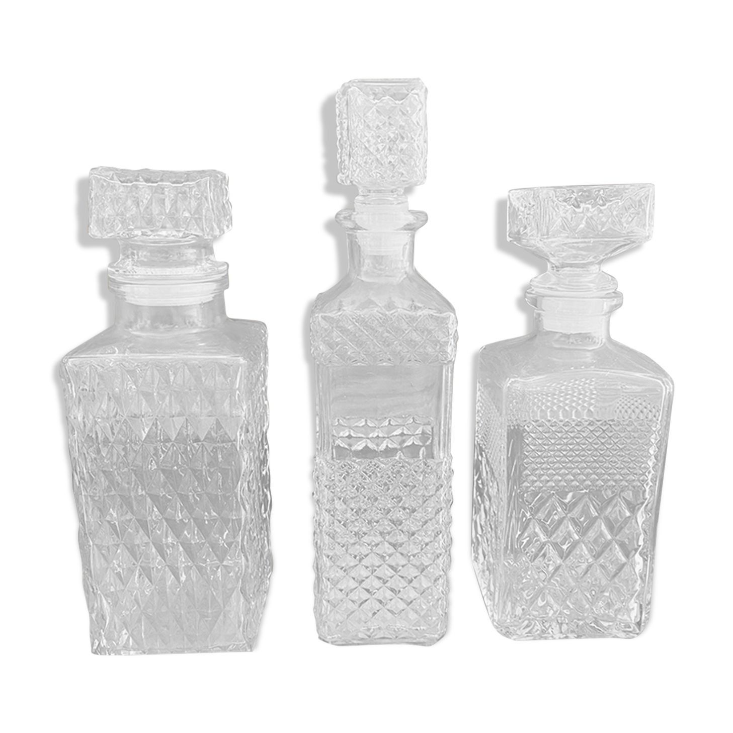 Set of 3 bottle vintage molded glass whiskey decanter